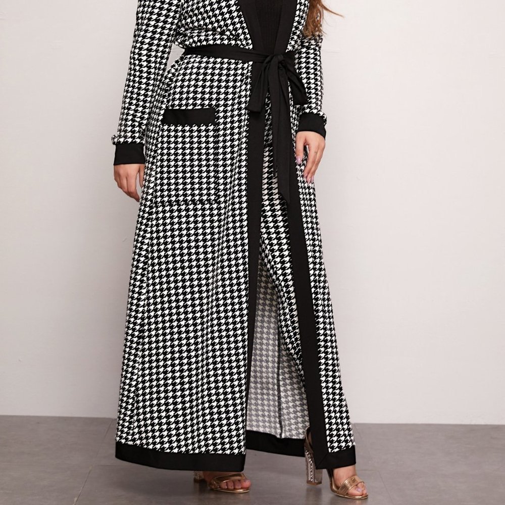 Black Casual Womens Patch Pocket Belted Houndstooth Coat & Leggings Set - Picture 4 of 5